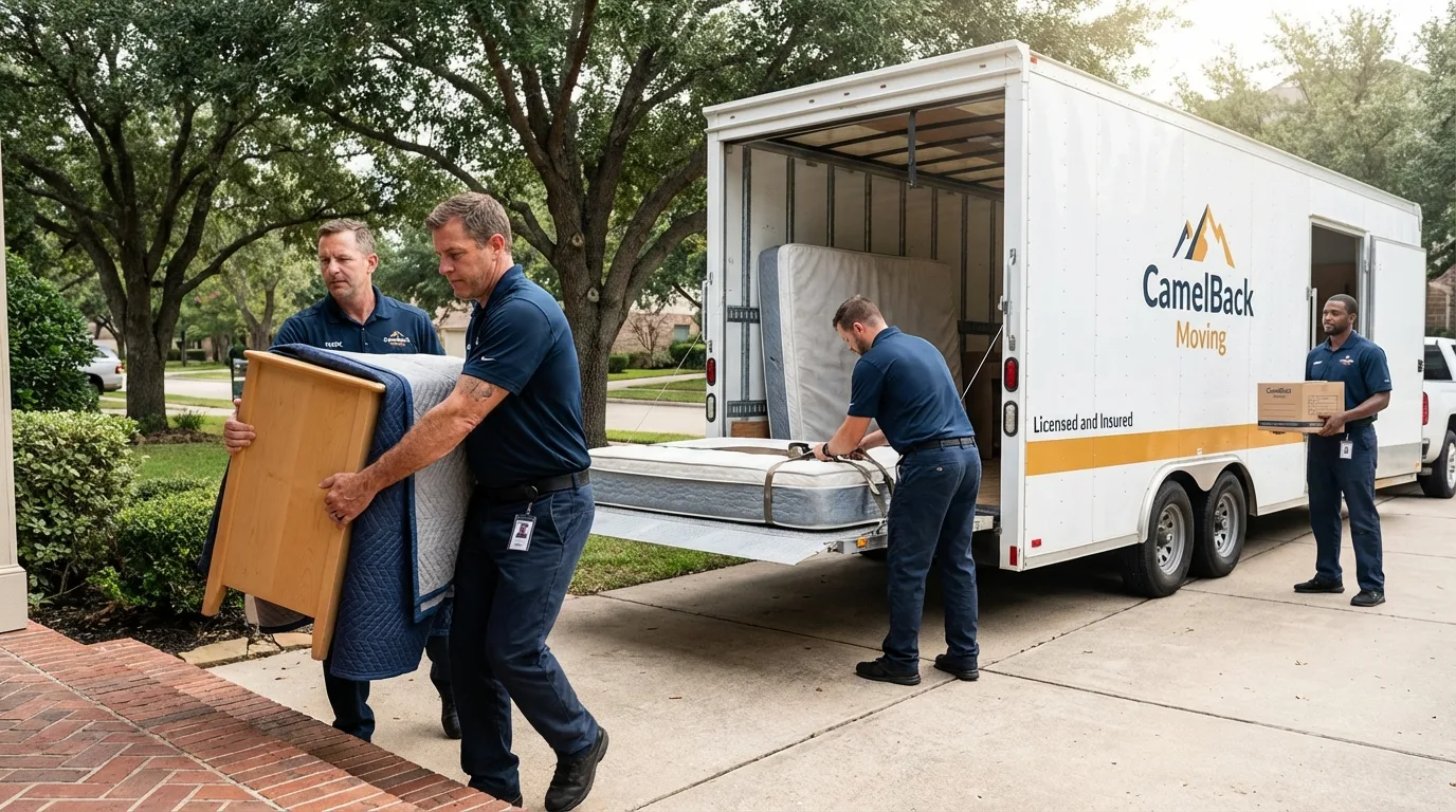 Crew loading residential truck for cross-state move from Houston, AK
