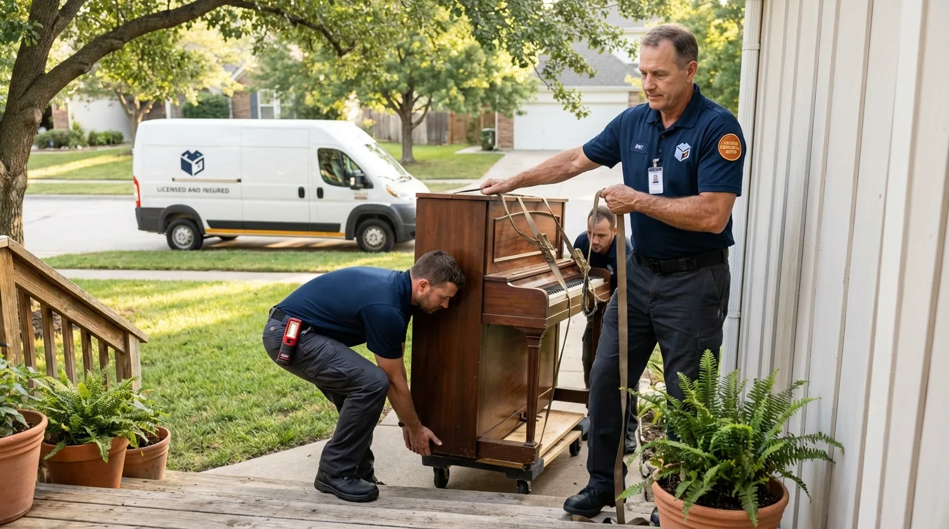 Licensed piano movers securing grand piano in Houston, AK