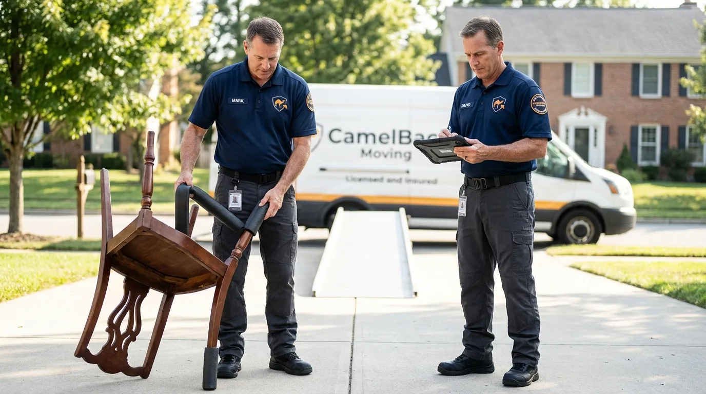 Movers inspecting furniture for damage prevention before loading in Houston, AK