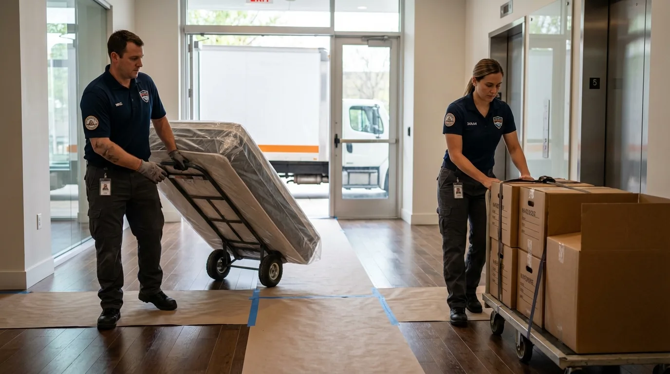 Professional apartment movers loading elevator in Houston, AK